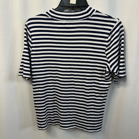 Madewell Drapey-Rib Mockneck Top Short Sleeve Stripe Blue Cotton Blend Large - Picture 6 of 6